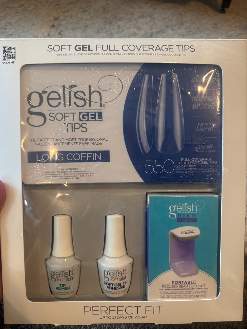 Soft Gel Tips Long Coffin Set in White with Portable LED Light